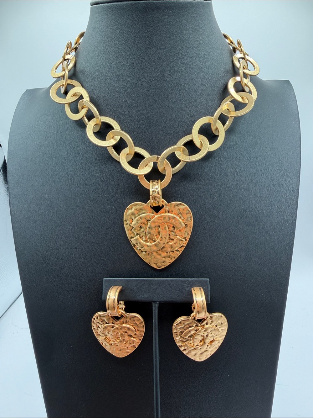 Vintage CHANEL Gold CC logo heart‑shaped necklace and clip‑on earrings set